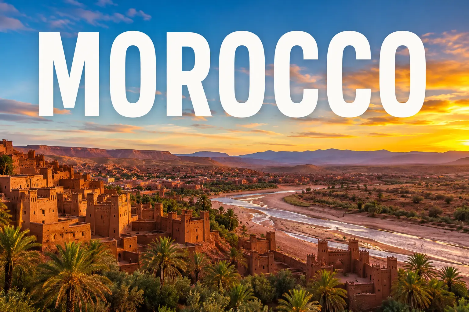 A stunning cinematic view of Morocco at sunset featuring traditional desert kasbahs, palm trees, a winding river valley, and distant mountains beneath a colorful sky, with bold white “MOROCCO