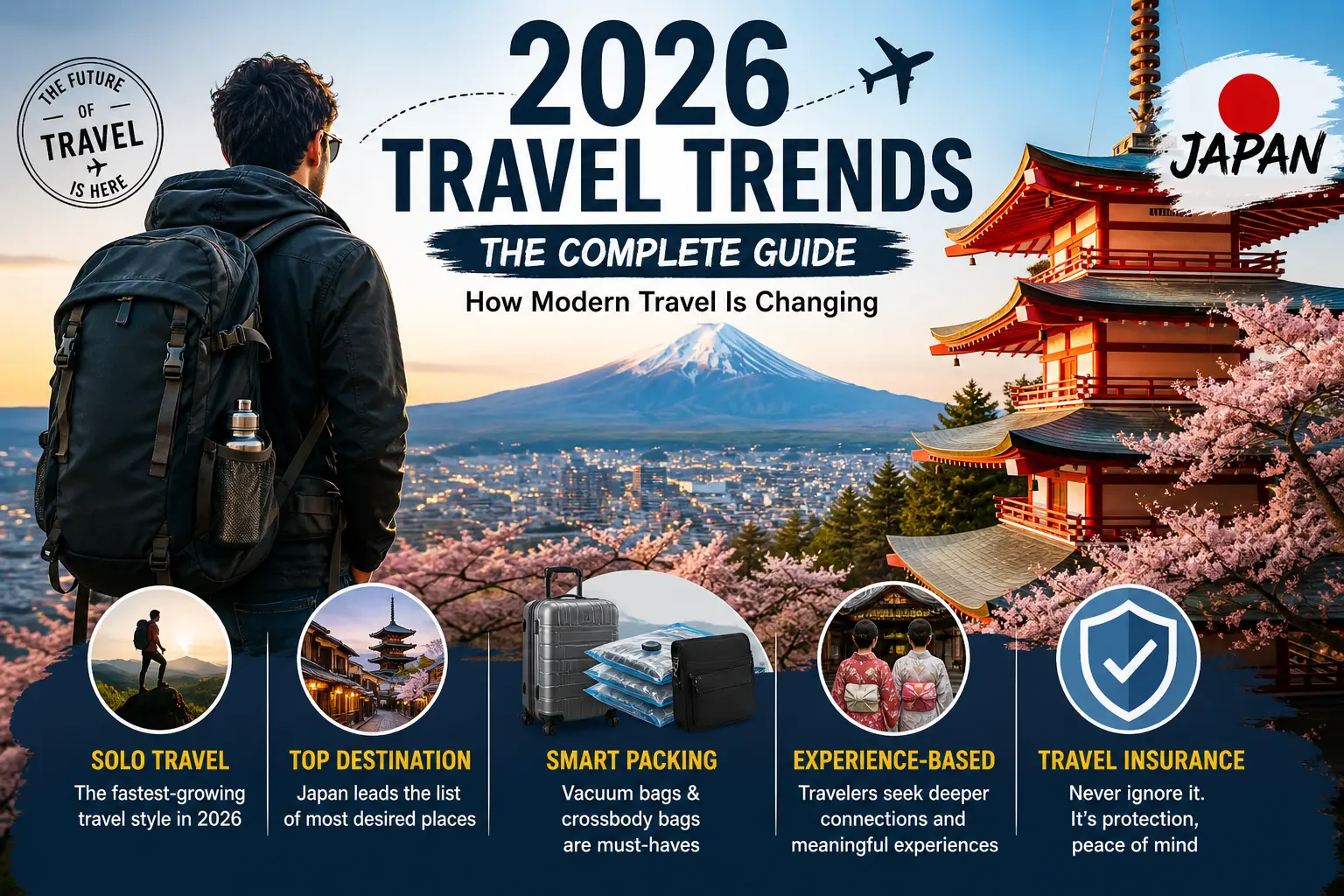 solo traveler with backpack exploring Japan travel trends 2026 Mount Fuji and modern travel lifestyle