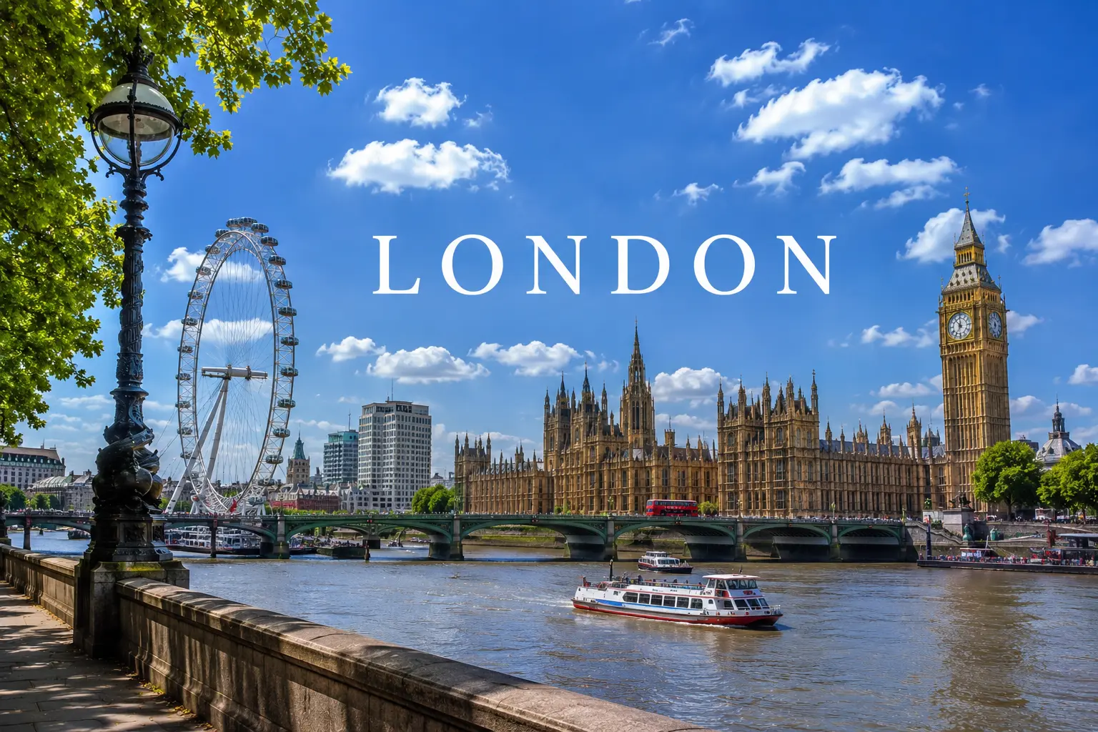 London skyline during a sunny summer day with historic landmarks and modern buildings