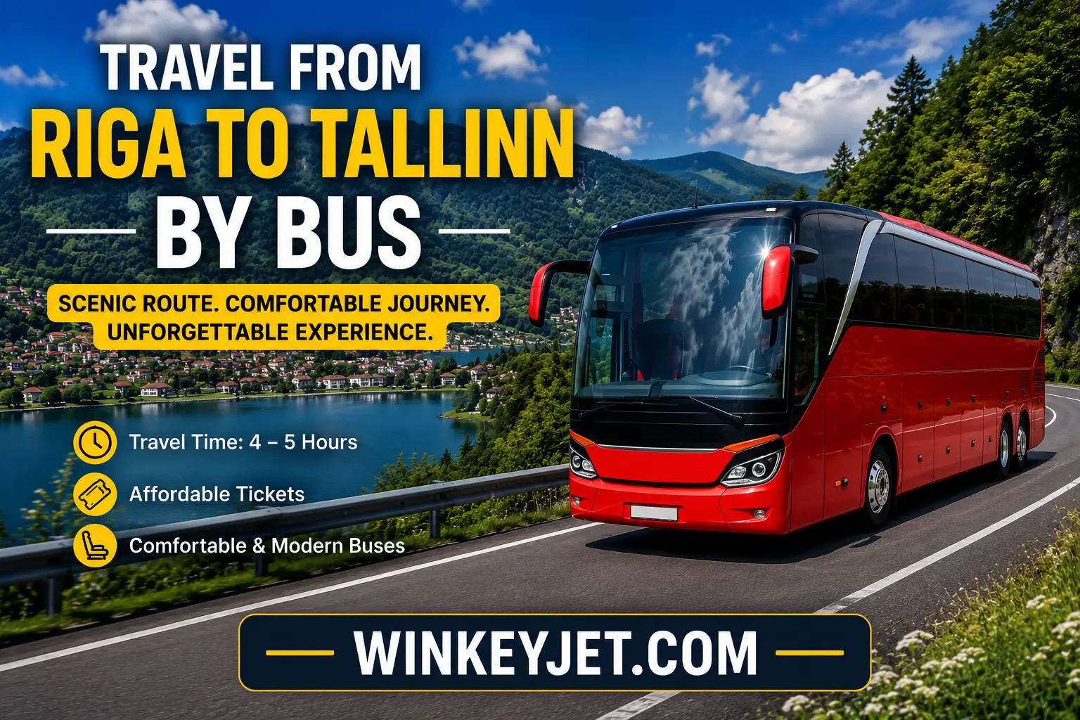 Modern red coach bus traveling from Riga to Tallinn on a scenic road, highlighting a comfortable, affordable, and scenic Baltic journey. Visit WinkeyJet.com for the complete 2026 travel guide.