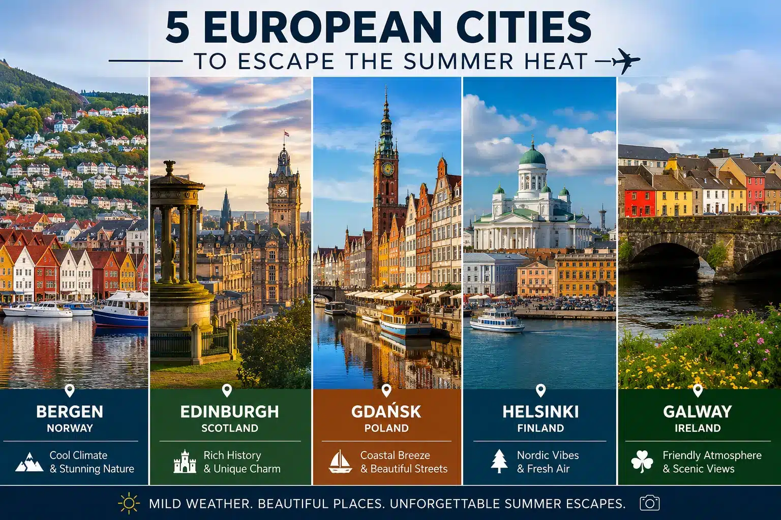 Five European cities to escape the summer heat: Bergen, Edinburgh, Gdańsk, Helsinki and Galway.