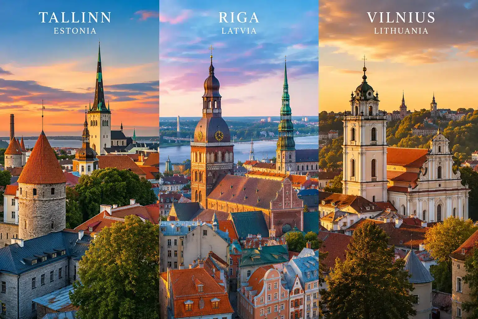 Baltic Coolcation 2026 featuring the skylines of Tallinn, Riga and Vilnius in Estonia, Latvia and Lithuania.