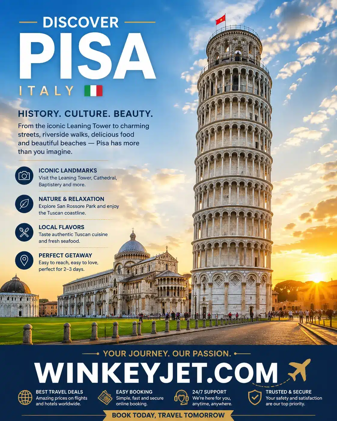 Leaning Tower of Pisa and Piazza dei Miracoli during a summer visit to Pisa, Italy in August 2026.