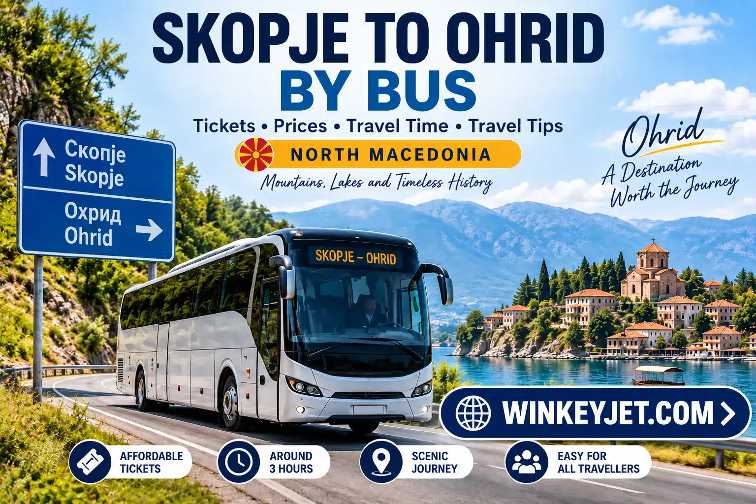 Skopje to Ohrid by bus in North Macedonia, with a coach traveling beside Lake Ohrid and scenic mountain views.