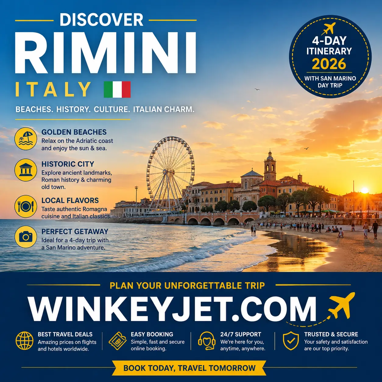 Rimini Travel Guide 2026 – Adriatic beach, promenade and historic city at sunset