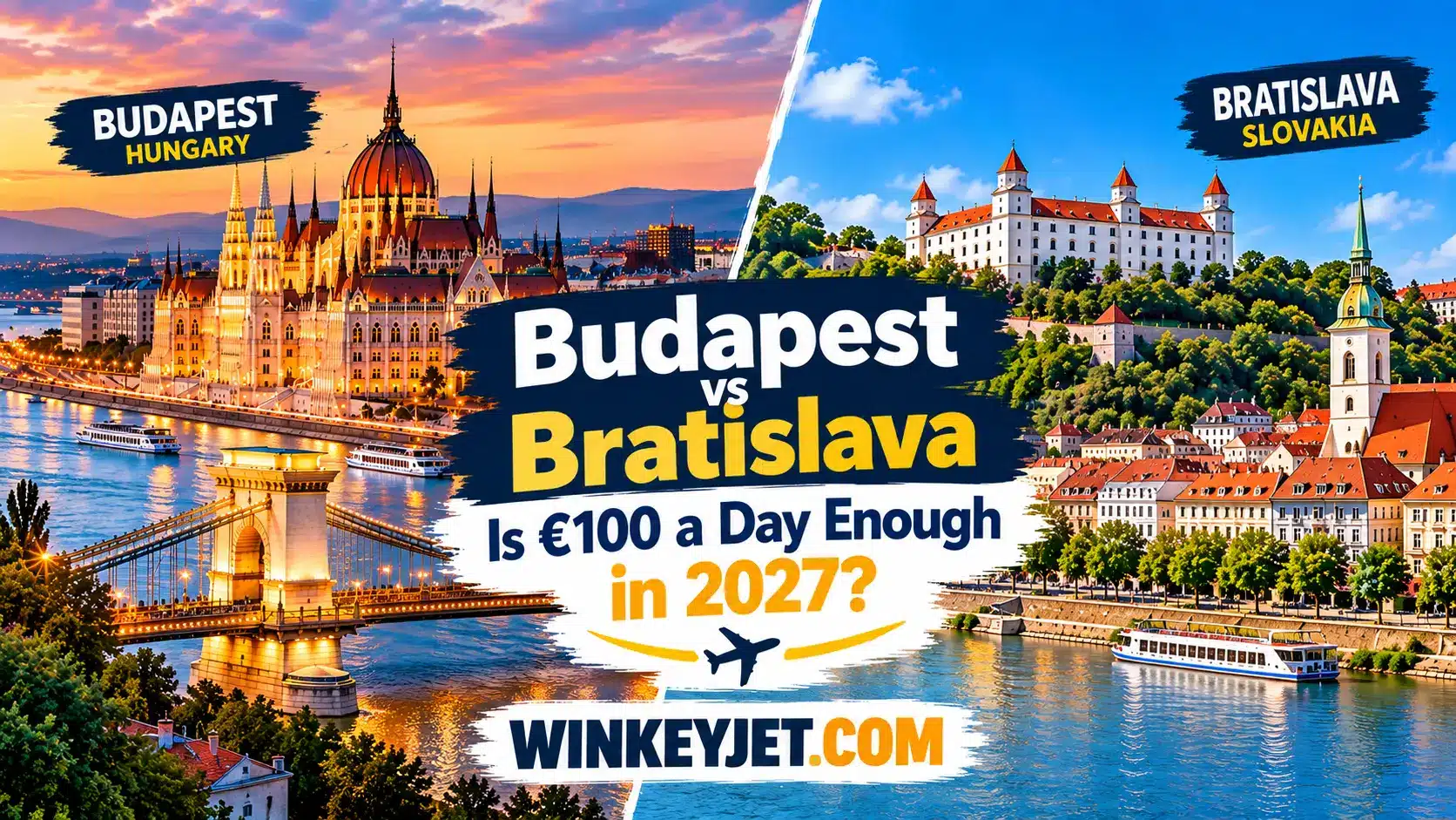 Budapest vs Bratislava travel comparison showing the Hungarian Parliament, Chain Bridge, Bratislava Castle and the Danube, with €100 a day budget for 2027.